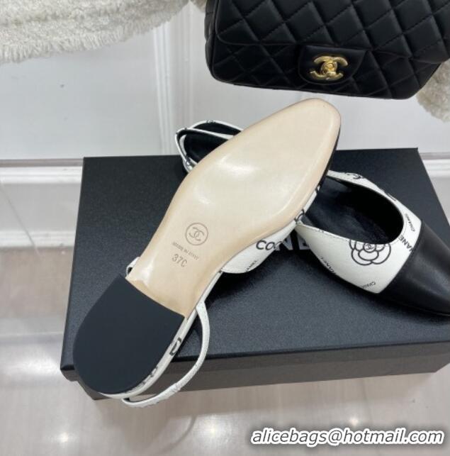 Low Cost Chanel Print Lambskin Flat Slingbacks White 2228112