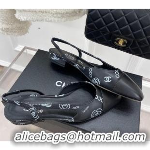 Unique Style Chanel Print Lambskin Flat Slingbacks Black 228113