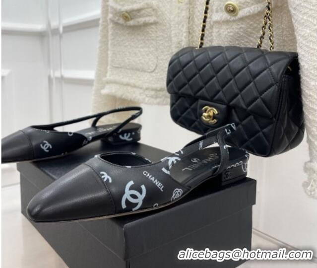 Unique Style Chanel Print Lambskin Flat Slingbacks Black 228113