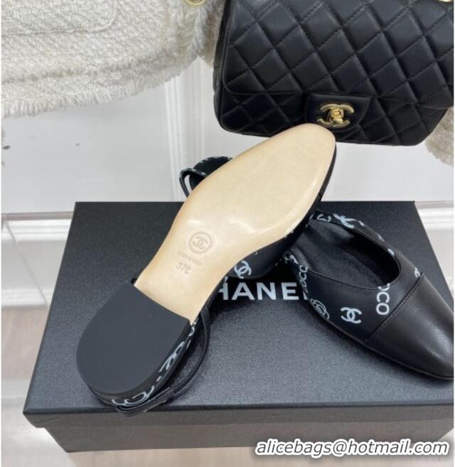 Unique Style Chanel Print Lambskin Flat Slingbacks Black 228113