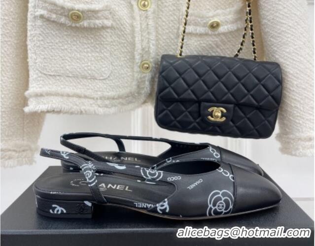 Unique Style Chanel Print Lambskin Flat Slingbacks Black 228113