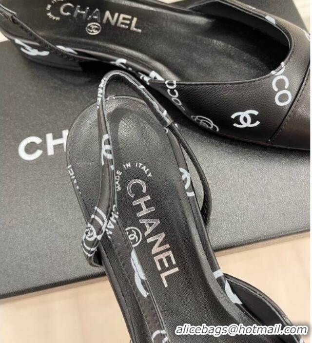 Unique Style Chanel Print Lambskin Flat Slingbacks Black 228113