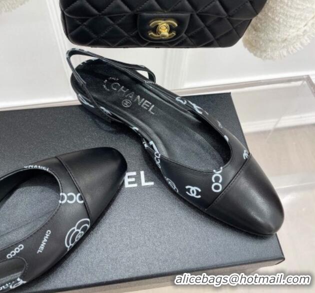 Unique Style Chanel Print Lambskin Flat Slingbacks Black 228113