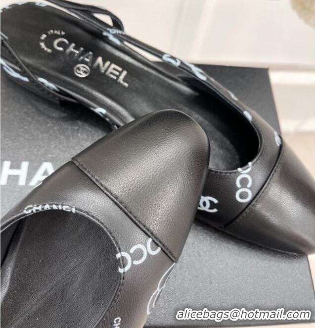 Unique Style Chanel Print Lambskin Flat Slingbacks Black 228113