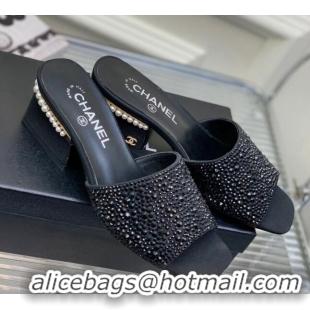 Good Looking Chanel Crystals Heel Slide Sandals with Pearls 5cm Black 228114