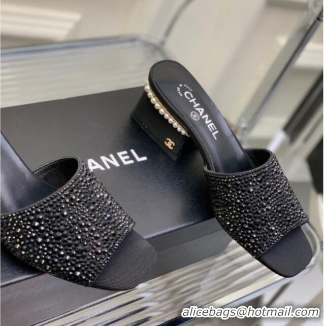 Good Looking Chanel Crystals Heel Slide Sandals with Pearls 5cm Black 228114