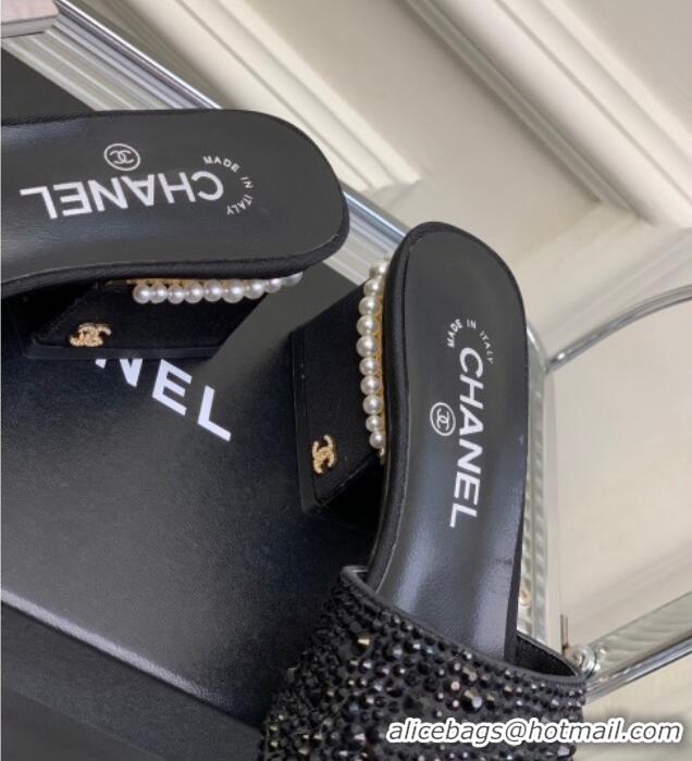 Good Looking Chanel Crystals Heel Slide Sandals with Pearls 5cm Black 228114