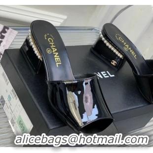 Good Quality Chanel Patent Leather Heel Slide Sandals with Pearls 5cm Black 228116