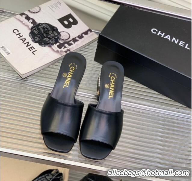 Stylish Chanel Calfskin Heel Slide Sandals with Pearls 5cm Black 228117