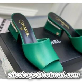 Best Grade Chanel Calfskin Heel Slide Sandals with Pearls 5cm Green 228118