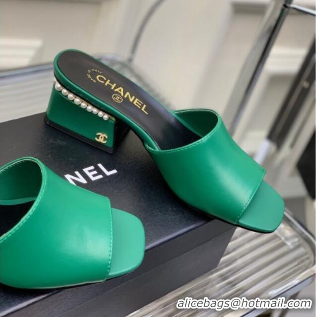 Best Grade Chanel Calfskin Heel Slide Sandals with Pearls 5cm Green 228118