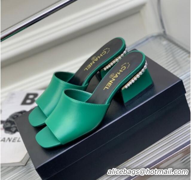 Best Grade Chanel Calfskin Heel Slide Sandals with Pearls 5cm Green 228118