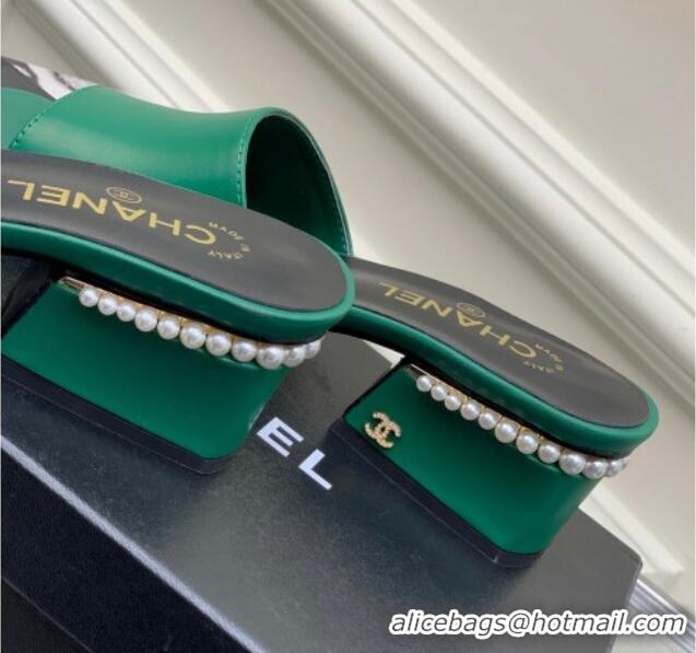 Best Grade Chanel Calfskin Heel Slide Sandals with Pearls 5cm Green 228118