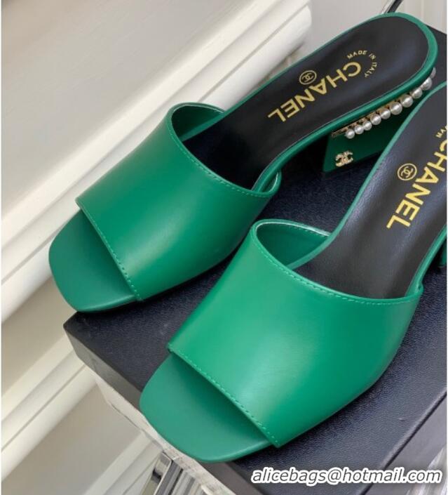 Best Grade Chanel Calfskin Heel Slide Sandals with Pearls 5cm Green 228118