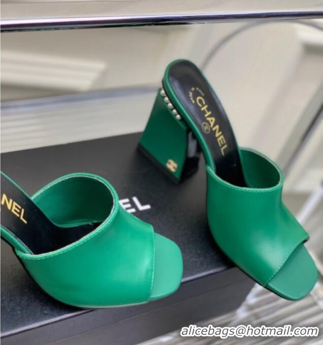 Sophisticated Chanel Calfskin Heel Slide Sandals with Pearls 9cm Green 228123