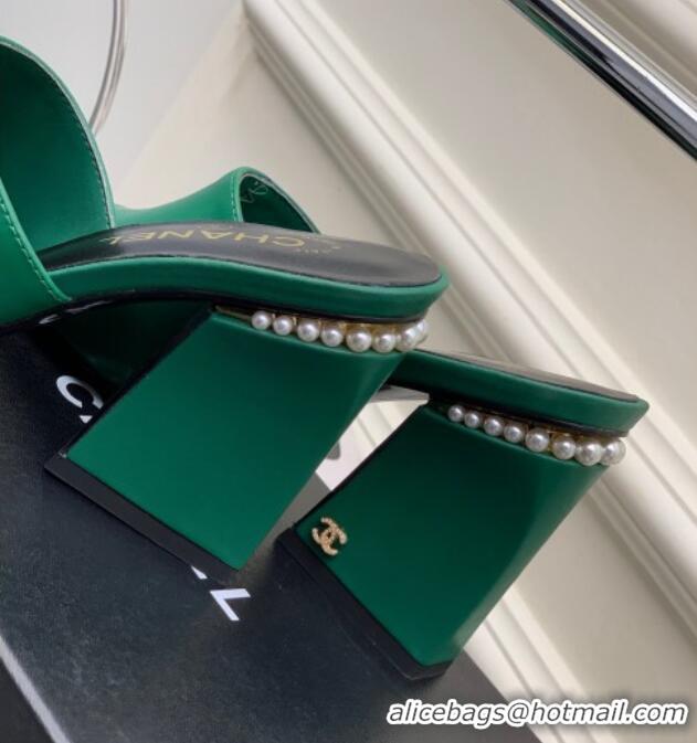 Sophisticated Chanel Calfskin Heel Slide Sandals with Pearls 9cm Green 228123