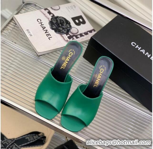 Sophisticated Chanel Calfskin Heel Slide Sandals with Pearls 9cm Green 228123