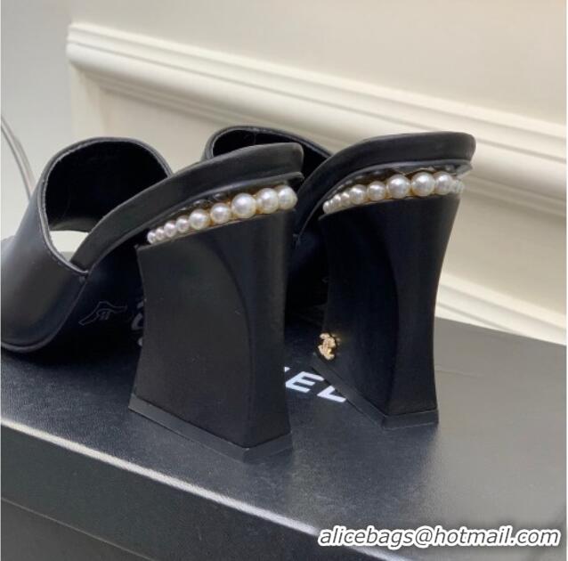 Luxurious Chanel Calfskin Heel Slide Sandals with Pearls 9cm Black 228124