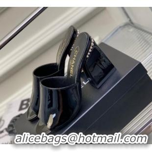 Recommended Chanel Patent Leather Heel Slide Sandals with Pearls 9cm Black 228126