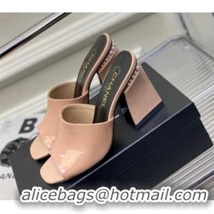 Perfect Chanel Patent Leather Heel Slide Sandals with Pearls 9cm Nude 228127