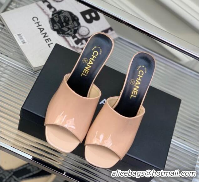 Perfect Chanel Patent Leather Heel Slide Sandals with Pearls 9cm Nude 228127