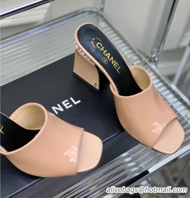 Perfect Chanel Patent Leather Heel Slide Sandals with Pearls 9cm Nude 228127