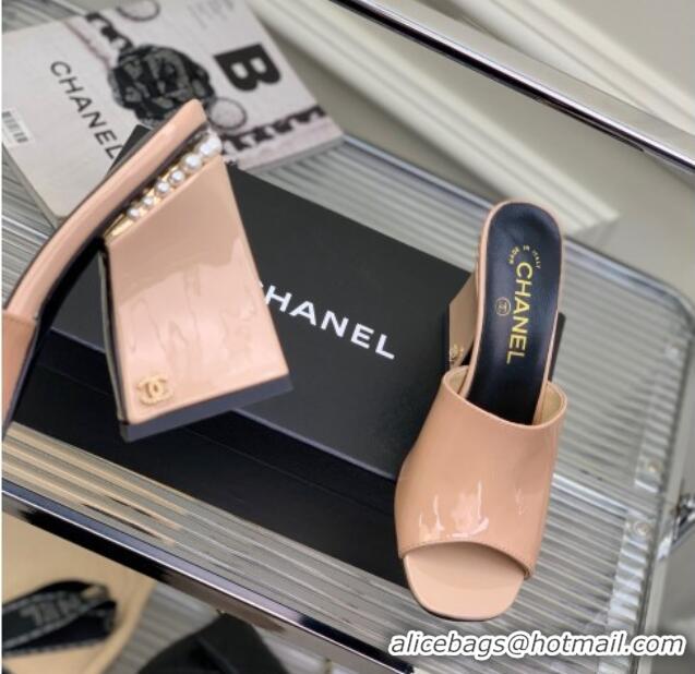 Perfect Chanel Patent Leather Heel Slide Sandals with Pearls 9cm Nude 228127