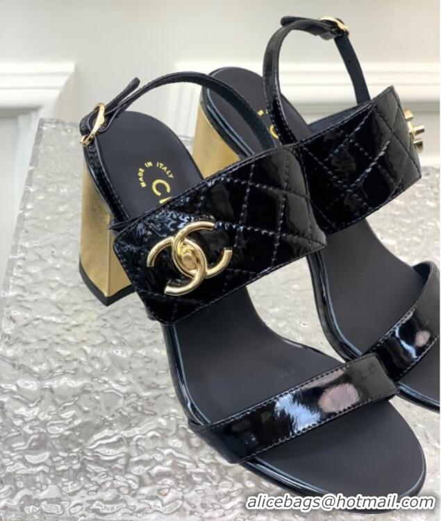 Most Popular Chanel Patent Calfskin High Heel Sandals 9cm with Buckle Black 022705