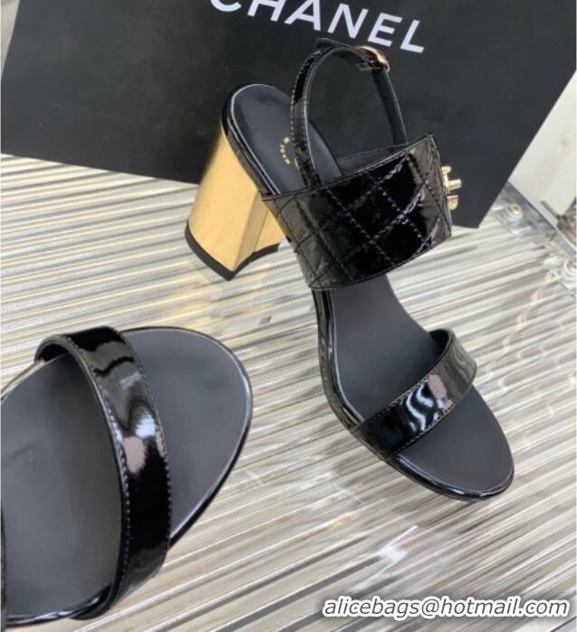 Most Popular Chanel Patent Calfskin High Heel Sandals 9cm with Buckle Black 022705