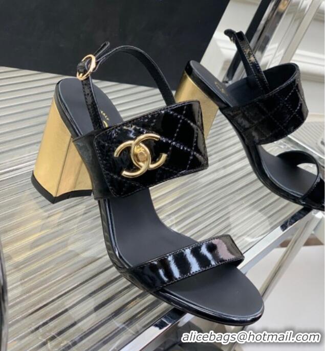 Most Popular Chanel Patent Calfskin High Heel Sandals 9cm with Buckle Black 022705