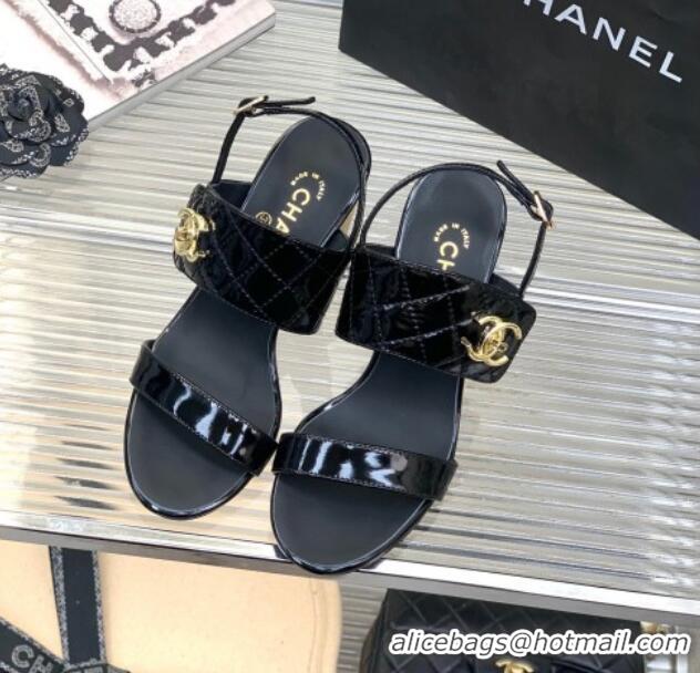 Most Popular Chanel Patent Calfskin High Heel Sandals 9cm with Buckle Black 022705