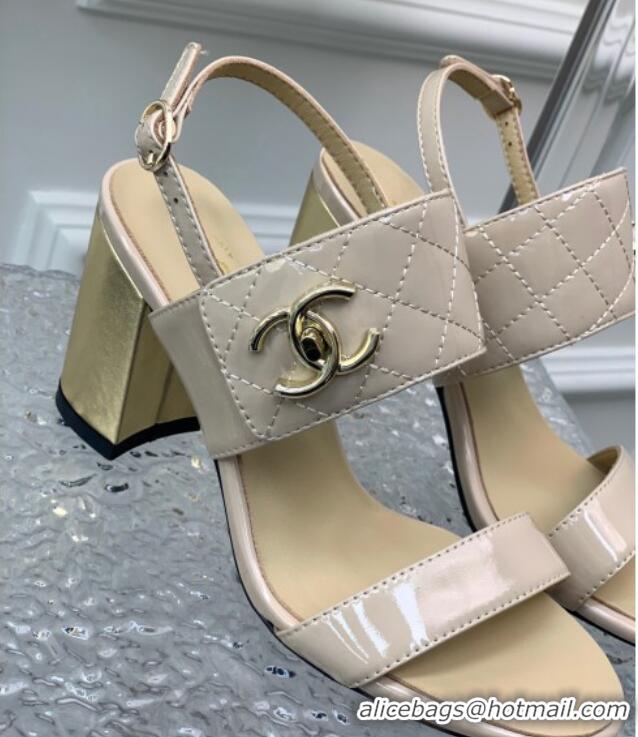 Low Price Chanel Patent Calfskin High Heel Sandals 9cm with Buckle Nude 022706 