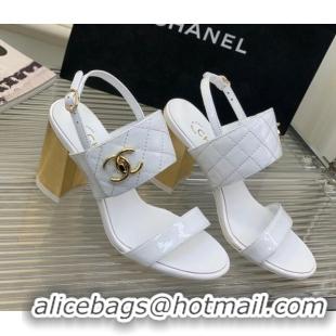 Stylish Chanel Patent Calfskin High Heel Sandals 9cm with Buckle White 022707