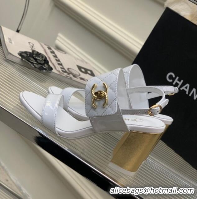 Stylish Chanel Patent Calfskin High Heel Sandals 9cm with Buckle White 022707