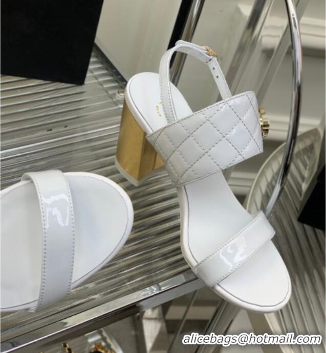 Stylish Chanel Patent Calfskin High Heel Sandals 9cm with Buckle White 022707