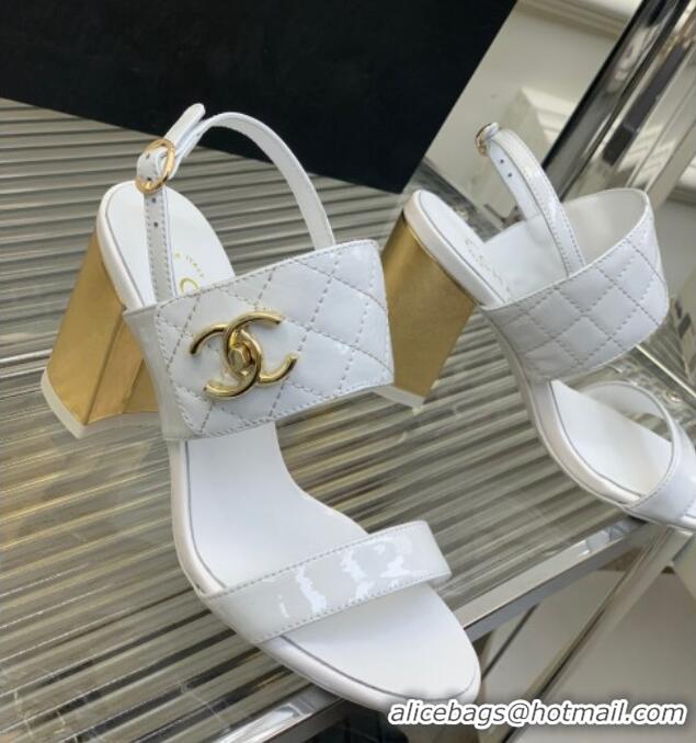 Stylish Chanel Patent Calfskin High Heel Sandals 9cm with Buckle White 022707