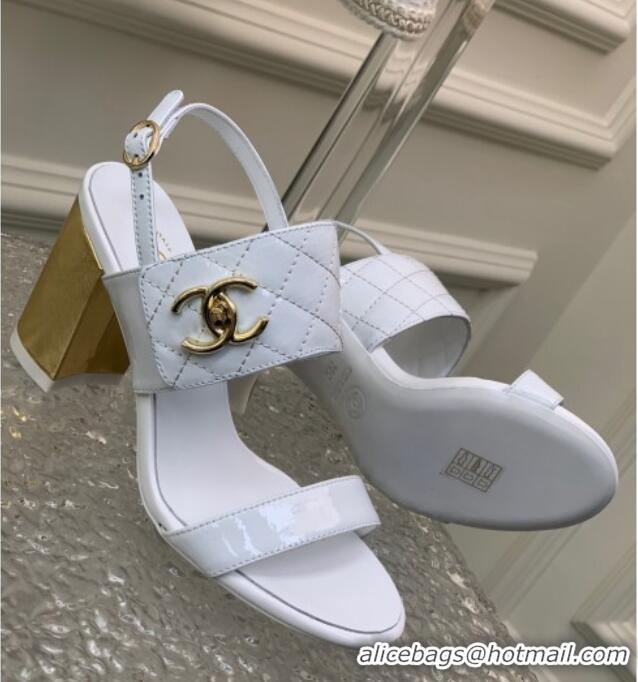 Stylish Chanel Patent Calfskin High Heel Sandals 9cm with Buckle White 022707