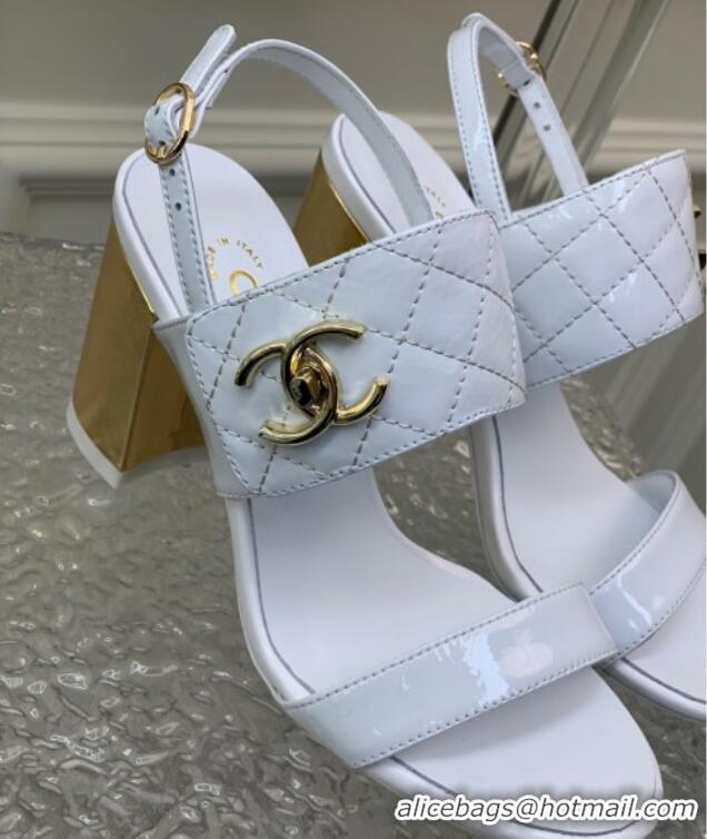 Stylish Chanel Patent Calfskin High Heel Sandals 9cm with Buckle White 022707