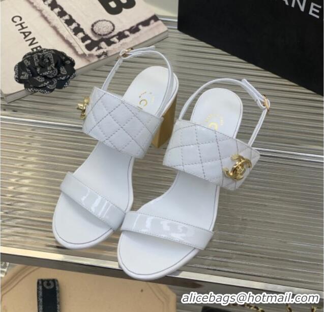 Stylish Chanel Patent Calfskin High Heel Sandals 9cm with Buckle White 022707