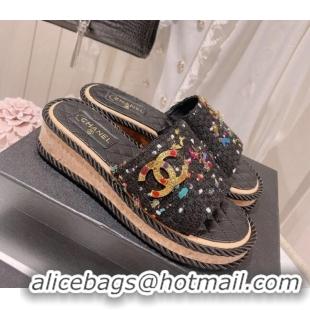 Top Grade Chanel Tweed Platform Slide Sandals with Charm Black 022708