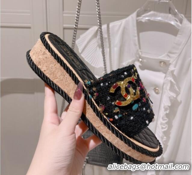 Top Grade Chanel Tweed Platform Slide Sandals with Charm Black 022708