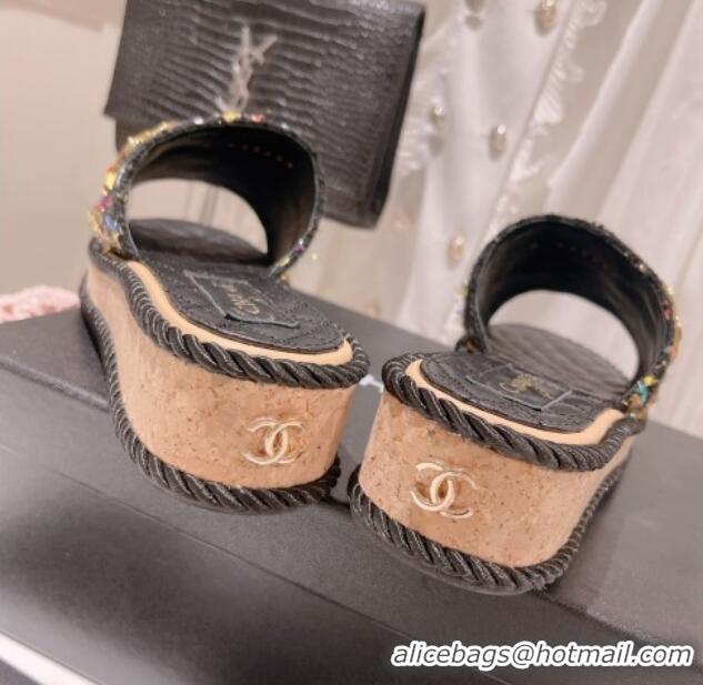 Top Grade Chanel Tweed Platform Slide Sandals with Charm Black 022708