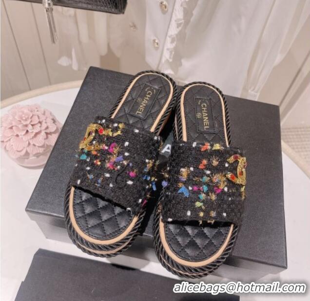 Top Grade Chanel Tweed Platform Slide Sandals with Charm Black 022708