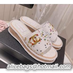 Hot Style Chanel Tweed Platform Slide Sandals with Charm White 022709