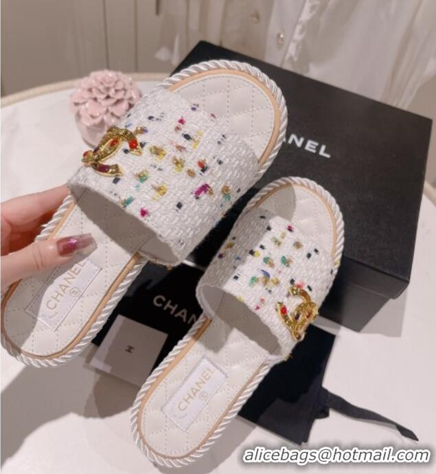 Hot Style Chanel Tweed Platform Slide Sandals with Charm White 022709