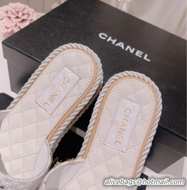 Hot Style Chanel Tweed Platform Slide Sandals with Charm White 022709