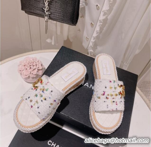 Hot Style Chanel Tweed Platform Slide Sandals with Charm White 022709