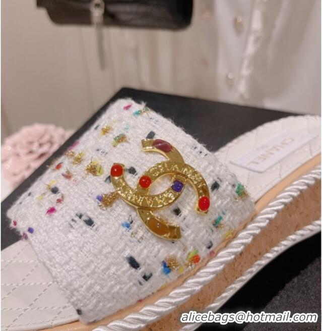 Hot Style Chanel Tweed Platform Slide Sandals with Charm White 022709