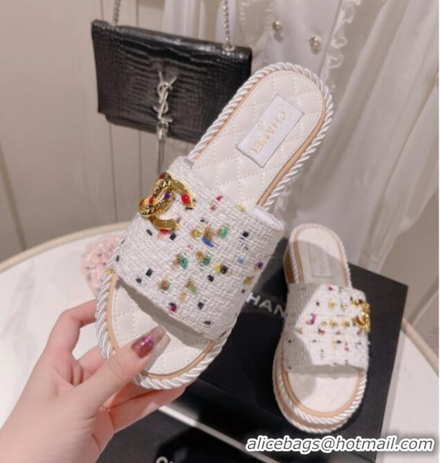 Hot Style Chanel Tweed Platform Slide Sandals with Charm White 022709