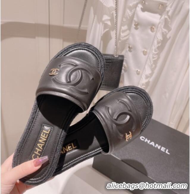 Best Price Chanel Calfskin Slide Sandals with Embossed CC Black 022710